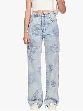 Blossom Floral Print Rhinestone Straight Jeans
